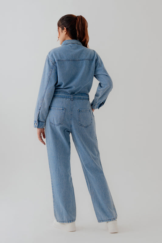 Light Wash Belted Denim Jumpsuit - Hustle N Holla
