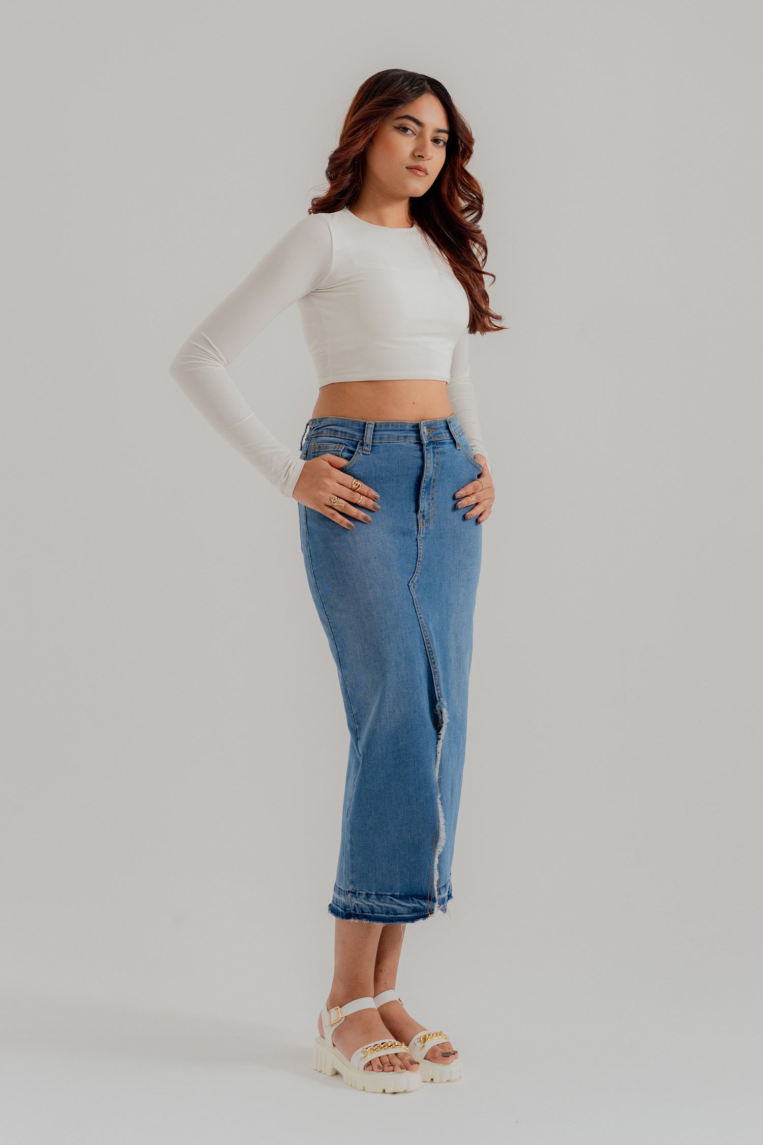 Mid Blue Denim Midi Skirt with Slit