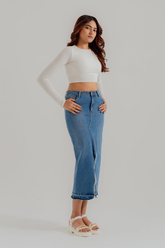Mid Blue Denim Midi Skirt with Slit - Hustle N Holla