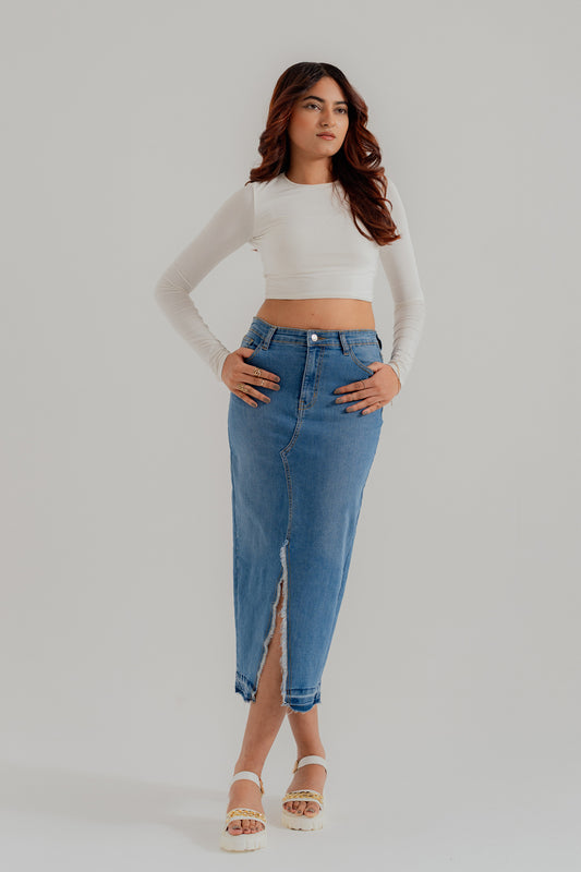 Mid Blue Denim Midi Skirt with Slit - Hustle N Holla