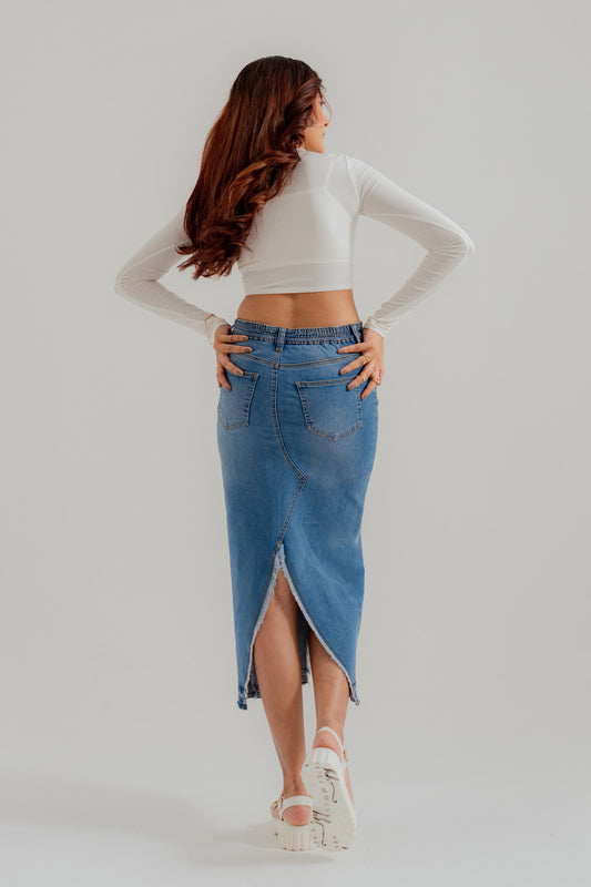 Mid Blue Denim Midi Skirt with Slit - Hustle N Holla