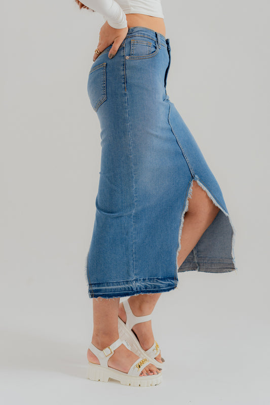 Mid Blue Denim Midi Skirt with Slit - Hustle N Holla