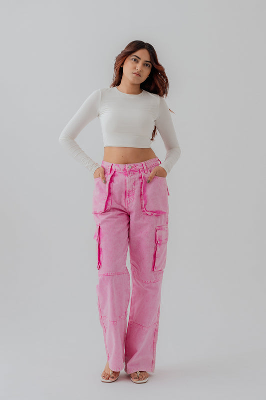 Pink Wide leg Cargo Pockets Jeans - Hustle N Holla