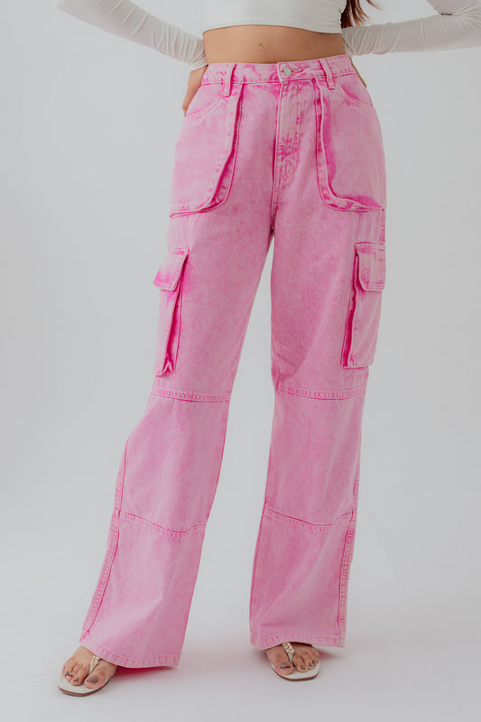 Pink Wide leg Cargo Pockets Jeans - Hustle N Holla