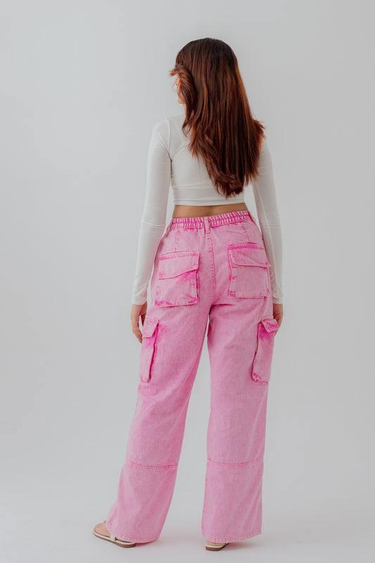 Pink Wide leg Cargo Pockets Jeans - Hustle N Holla