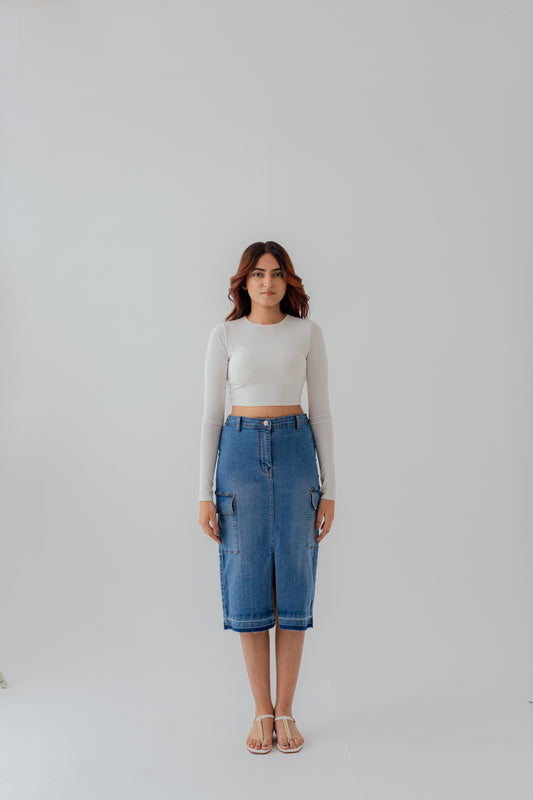 Mid Blue Denim Midi Skirt with Cargo Pockets - Hustle N Holla