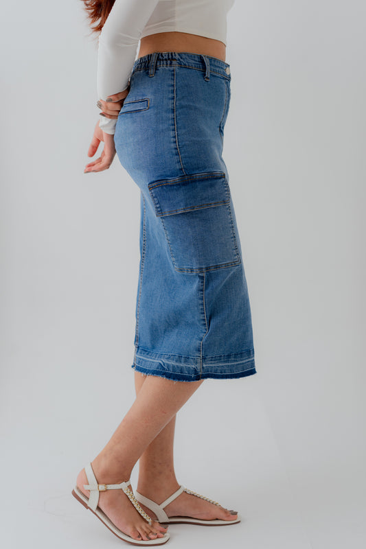 Mid Blue Denim Midi Skirt with Cargo Pockets - Hustle N Holla