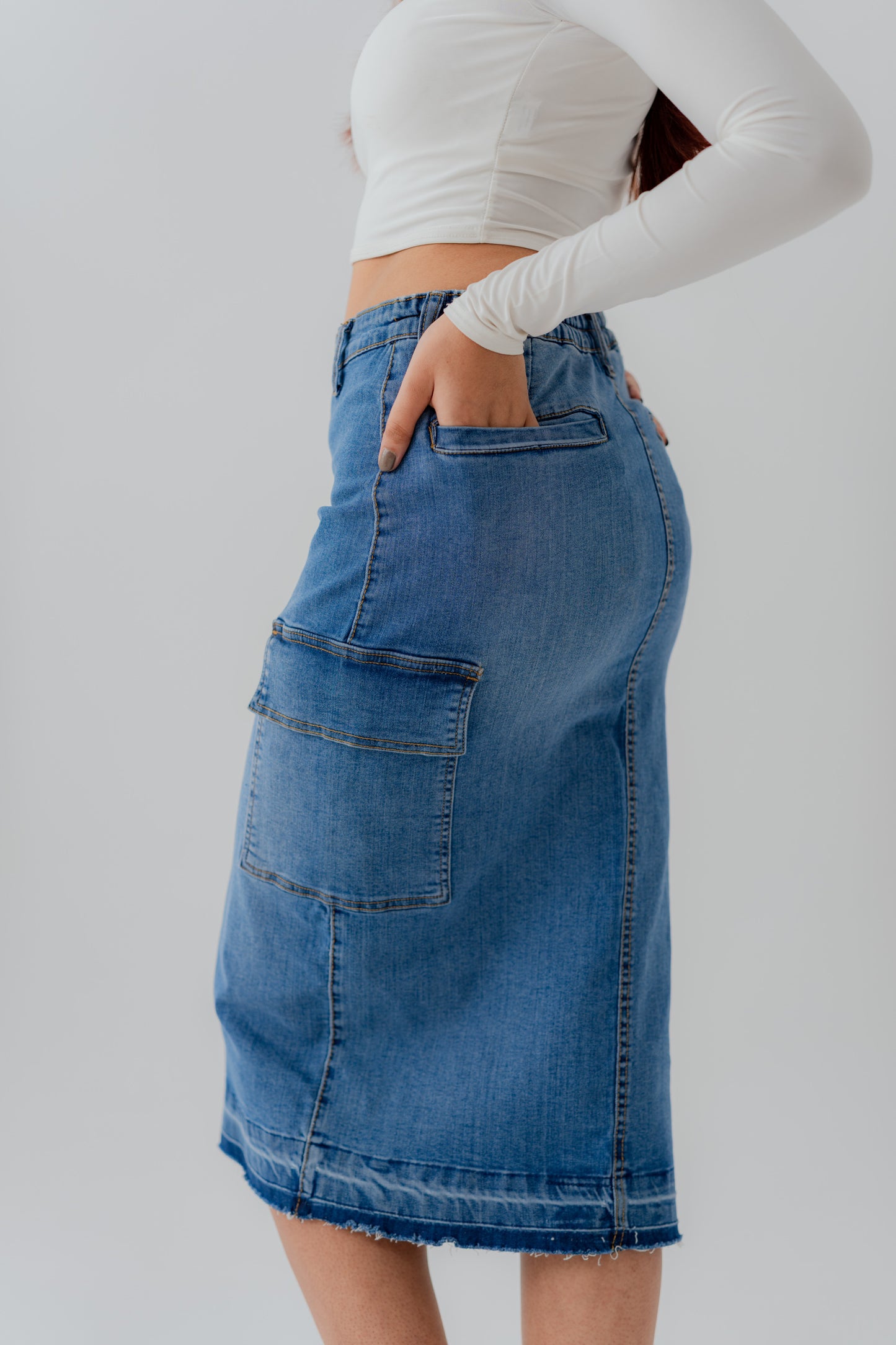 Mid Blue Denim Midi Skirt with Cargo Pockets - Hustle N Holla