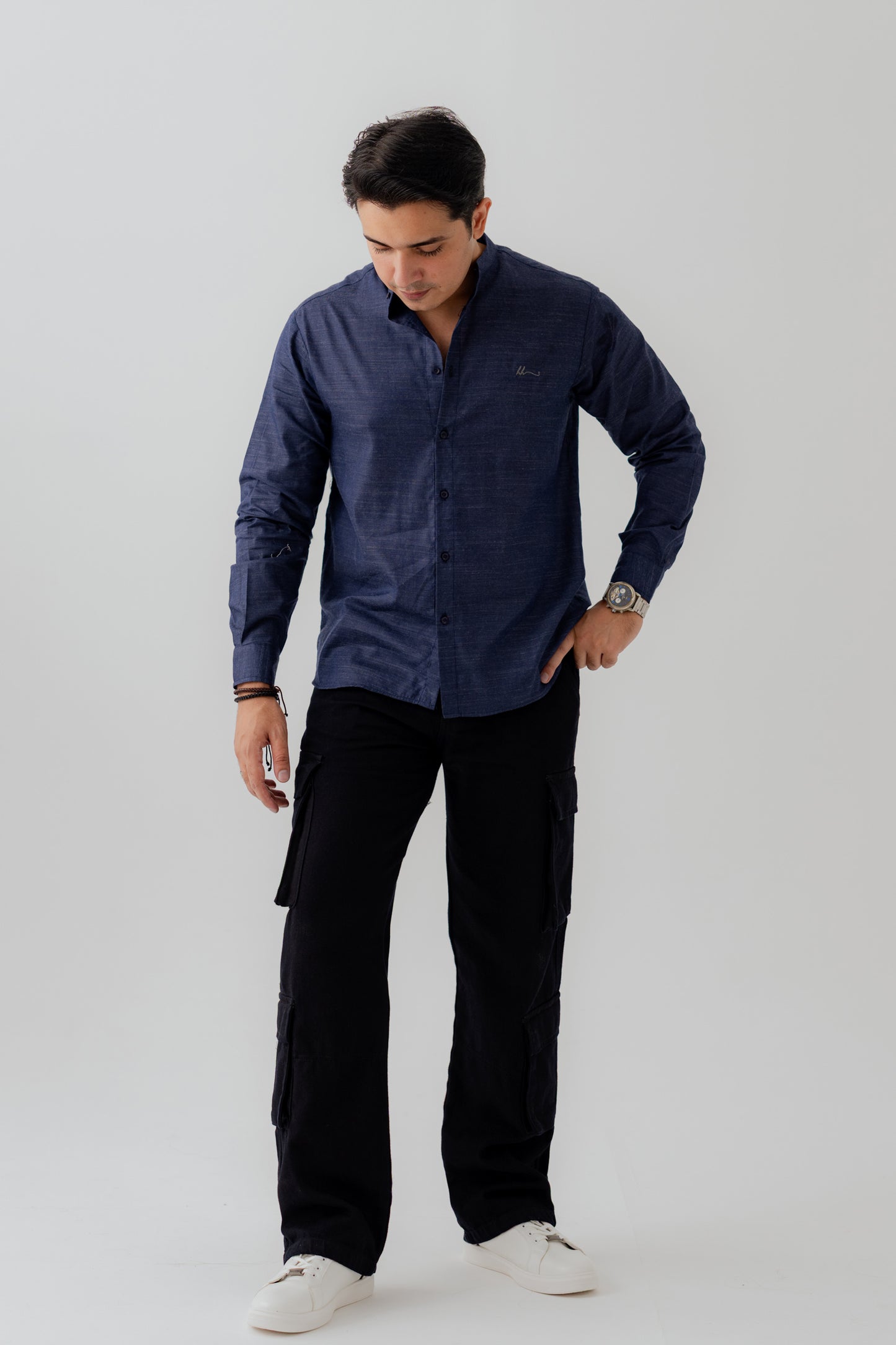 Navy Blue Band Collar Relaxed Fit Shirt - Hustle N Holla