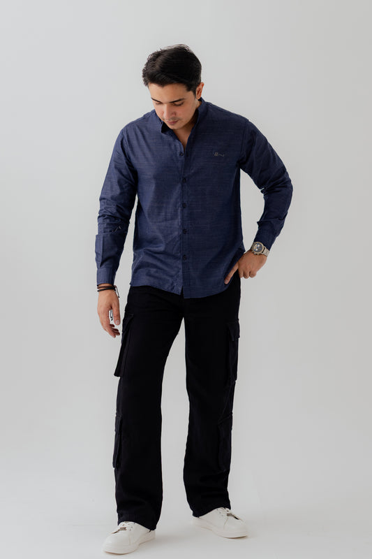 Navy Blue Band Collar Relaxed Fit Shirt - Hustle N Holla