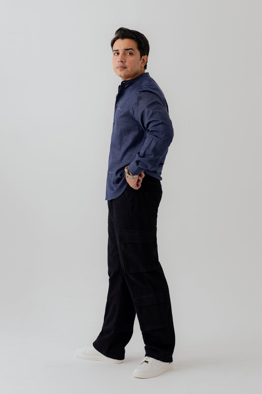 Navy Blue Band Collar Relaxed Fit Shirt - Hustle N Holla
