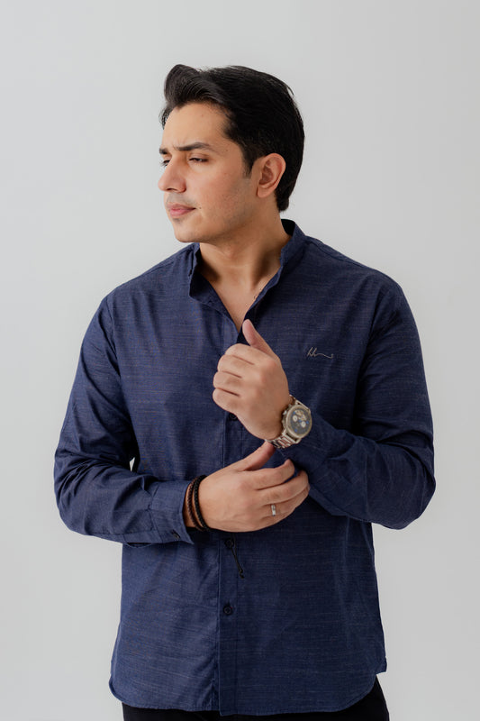 Navy Blue Band Collar Relaxed Fit Shirt - Hustle N Holla