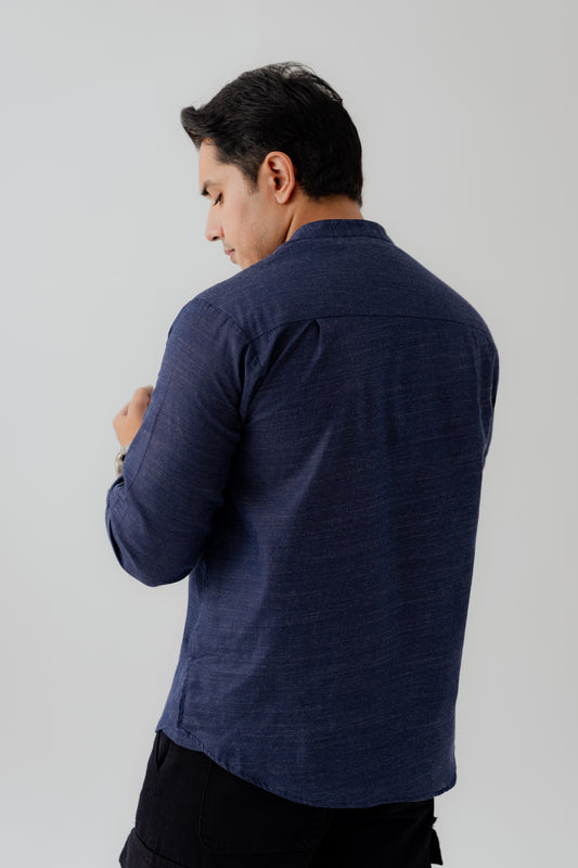 Navy Blue Band Collar Relaxed Fit Shirt - Hustle N Holla