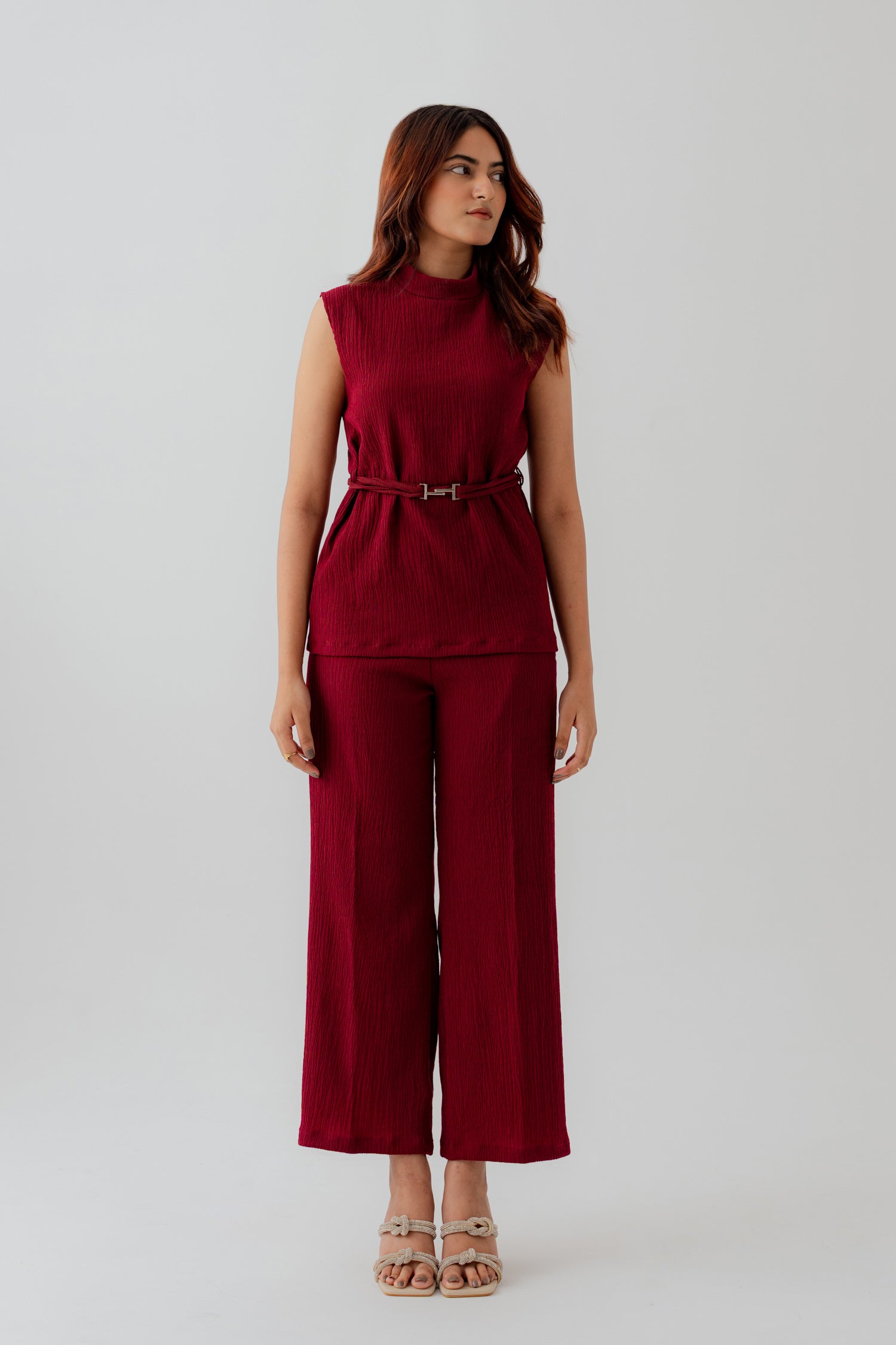 Burgundy Crinkled High Neck Regular Fit Top