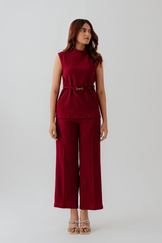 Burgundy Crinkled Straight Fit Trousers - Hustle N Holla