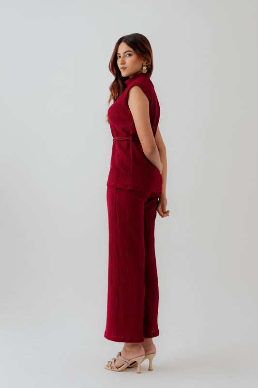 Burgundy Crinkled High Neck Regular Fit Top - Hustle N Holla