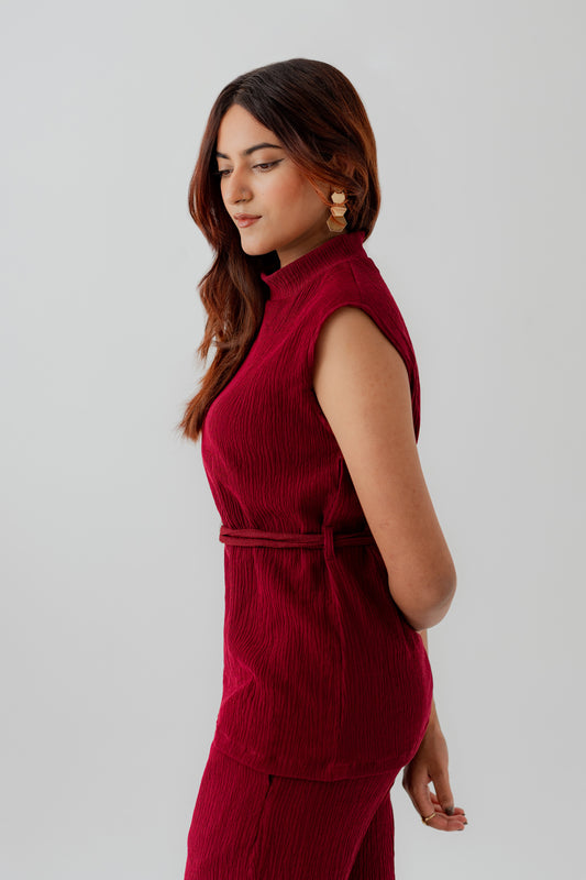 Burgundy Crinkled High Neck Regular Fit Top - Hustle N Holla