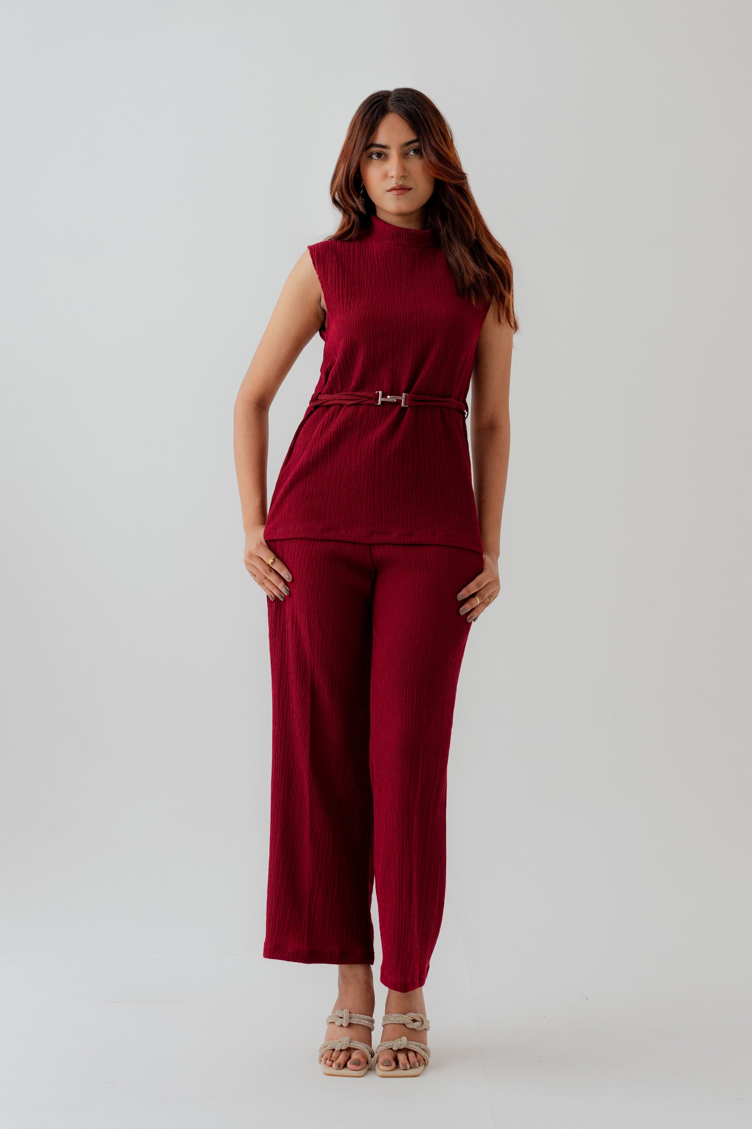 Burgundy Crinkled Straight Fit Trousers