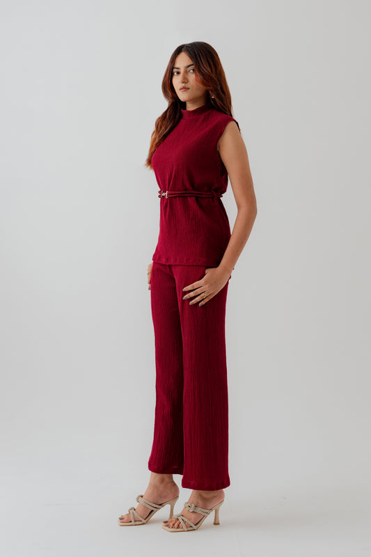 Burgundy Crinkled High Neck Regular Fit Top - Hustle N Holla