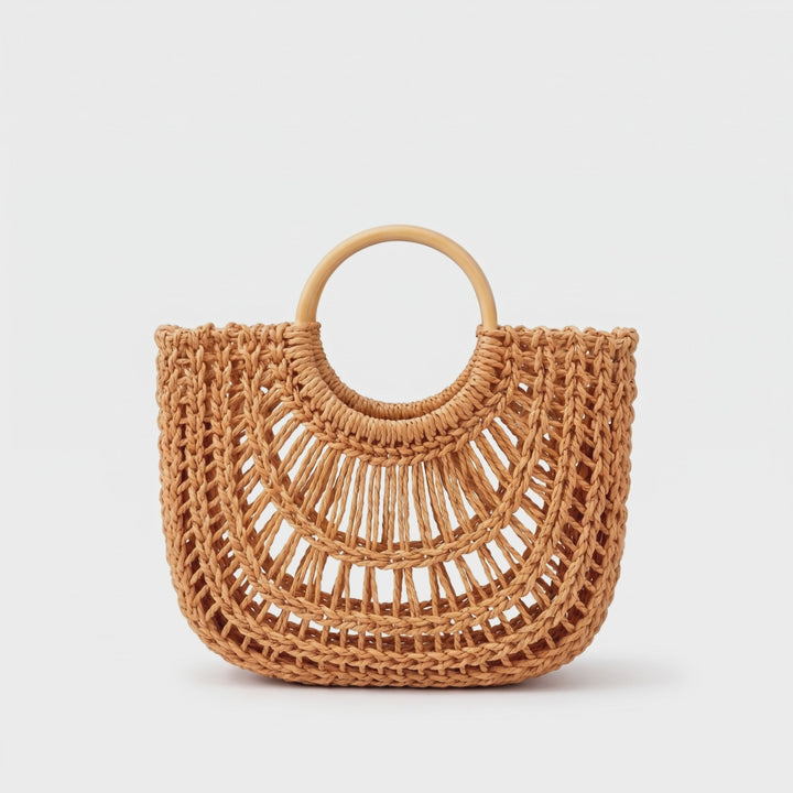 Tan Woven Top Handle Tote Bag