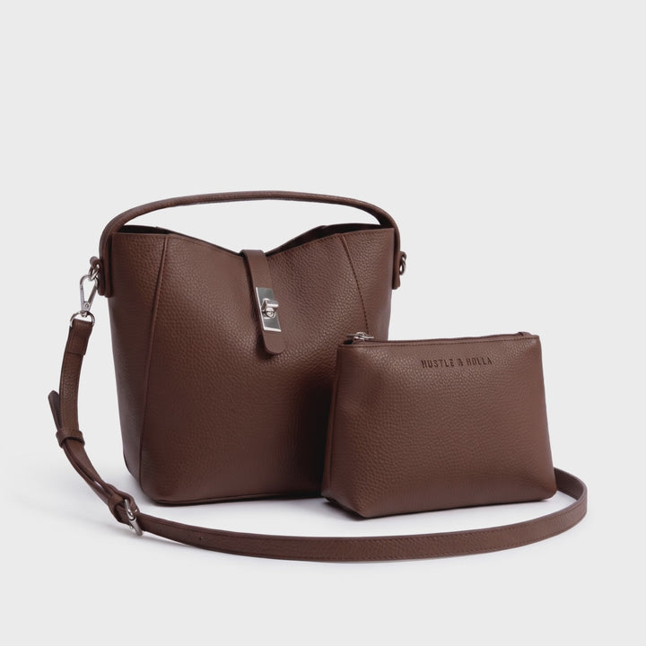 Brown Structured Bucket Bag With Detachable Pouch