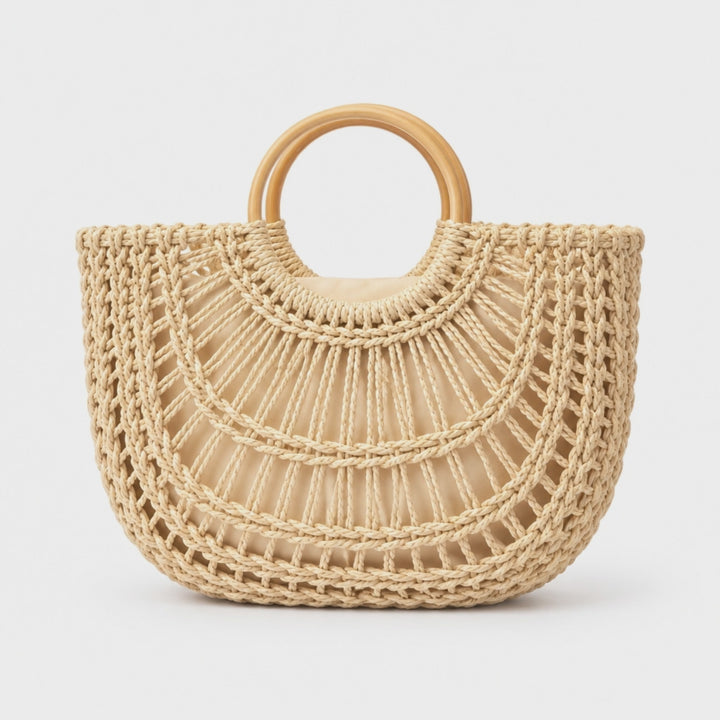Cream Woven Top Handle Tote Bag