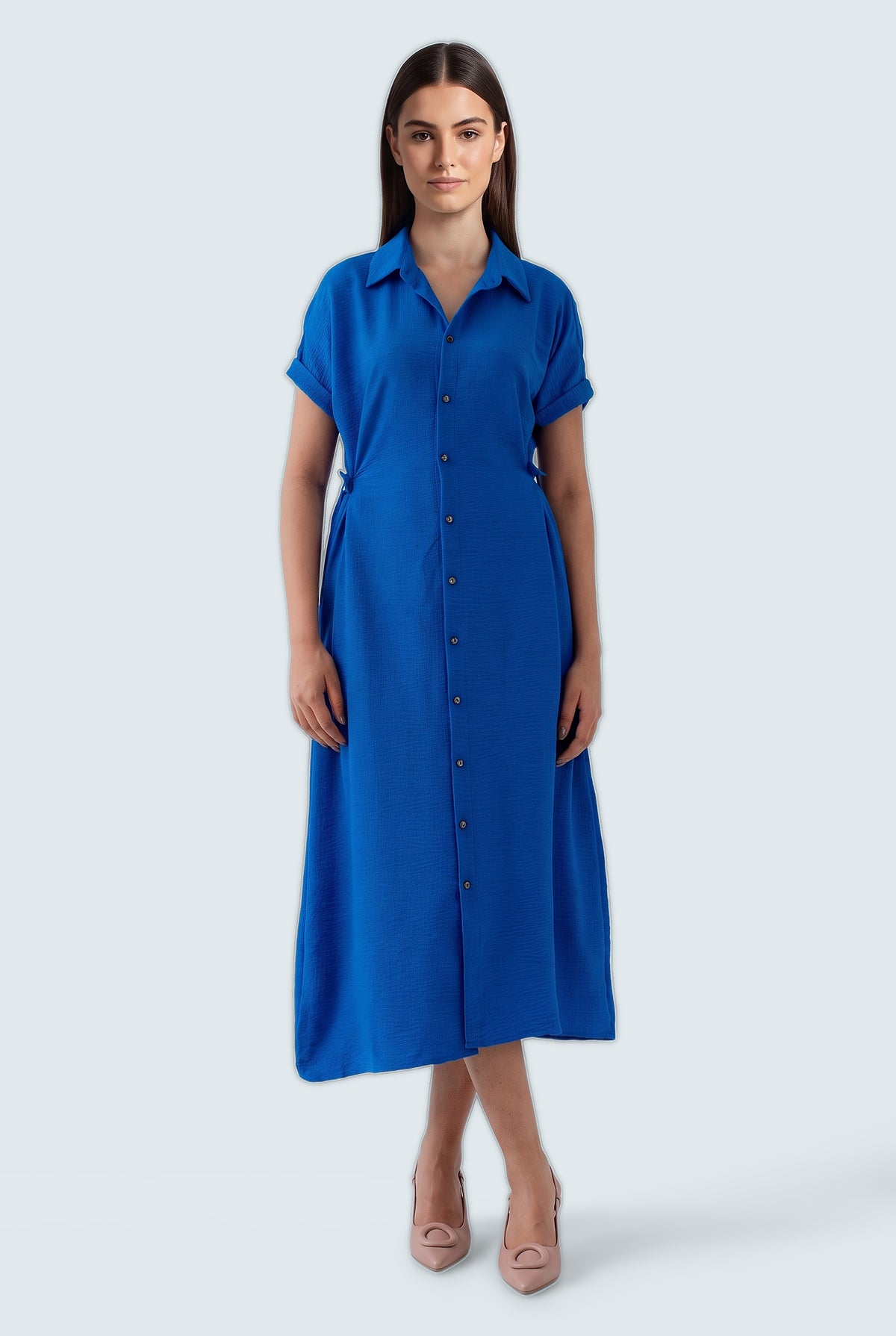 Royal Blue Midi Button Down Dress - Front View - Hustle N Holla