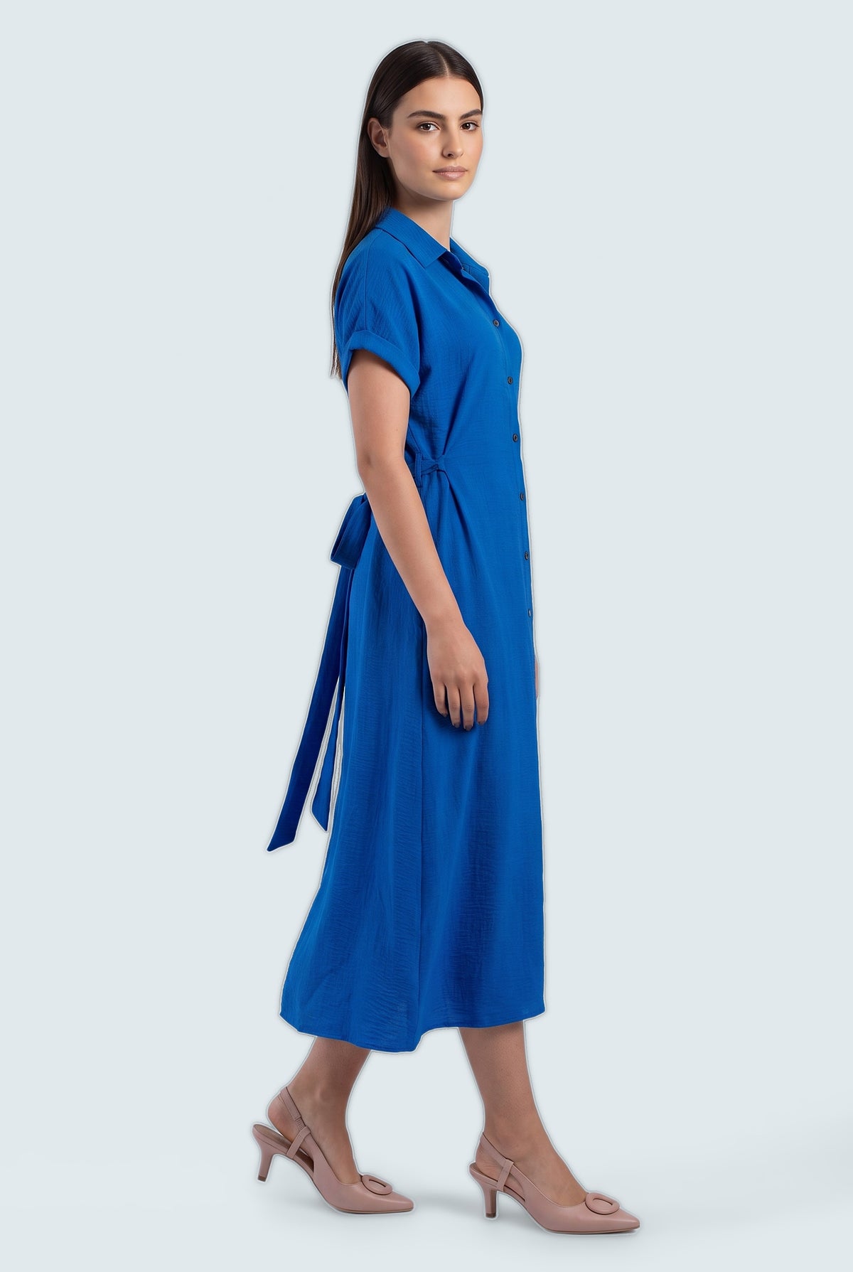 Royal Blue Midi Button Down Dress - Front View - Hustle N Holla