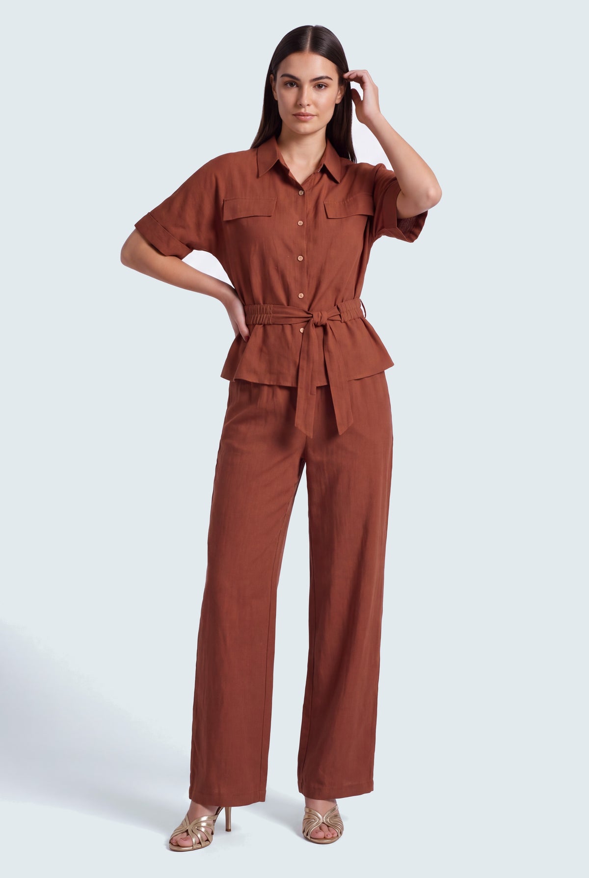 Rust Belted Button Down Regular Fit Shirt - Hustle N Holla