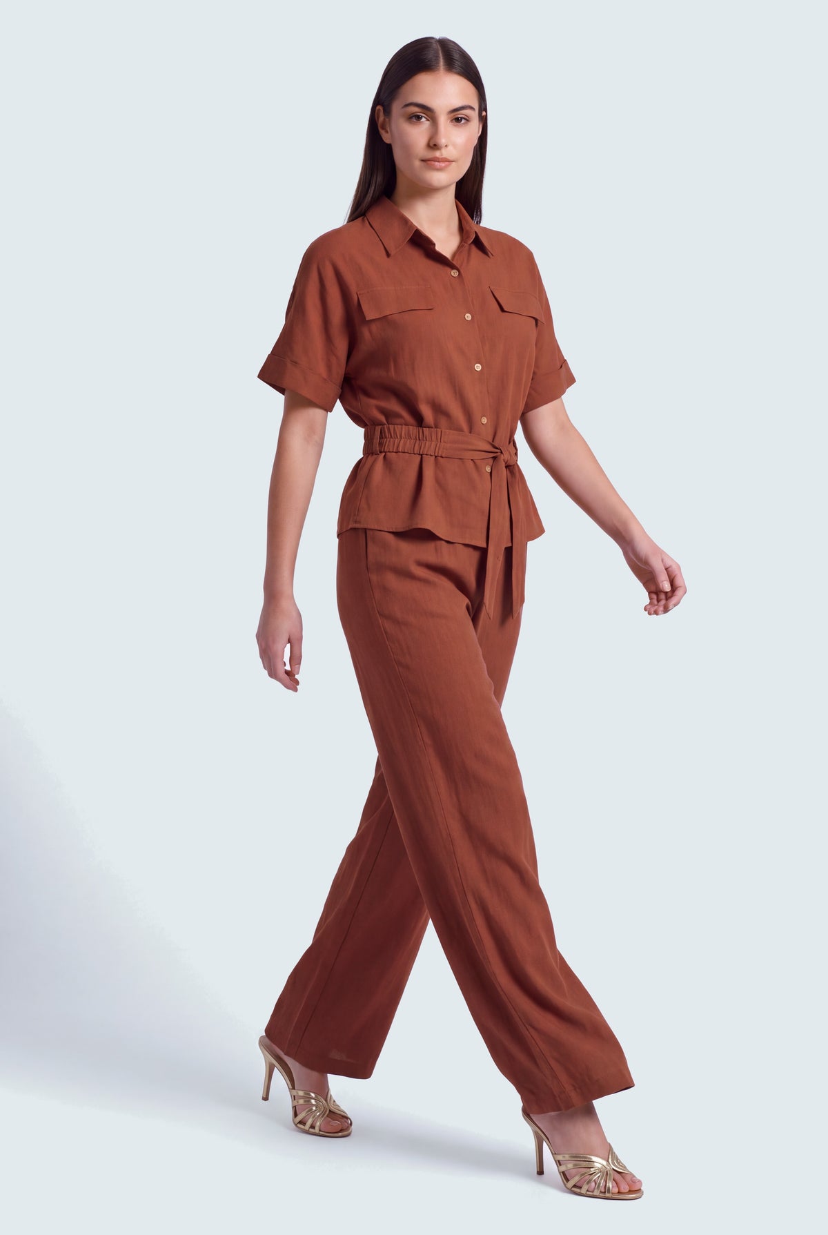 Rust Belted Button Down Regular Fit Shirt - Hustle N Holla