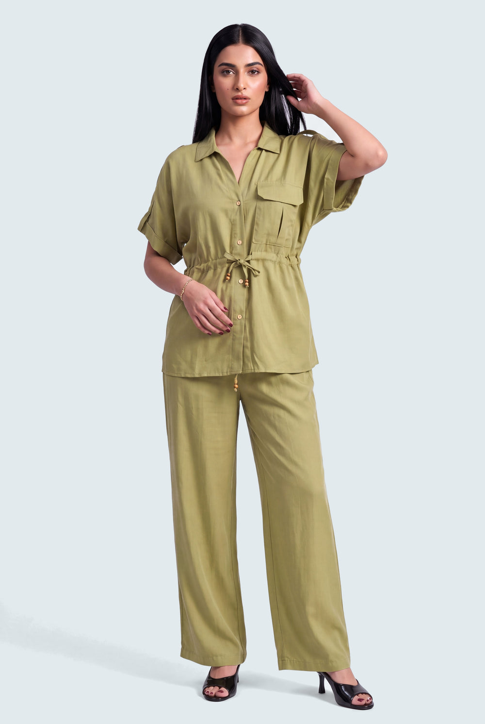 Sage Green Silk Shirt with Batwing Sleeves - Hustle N Holla