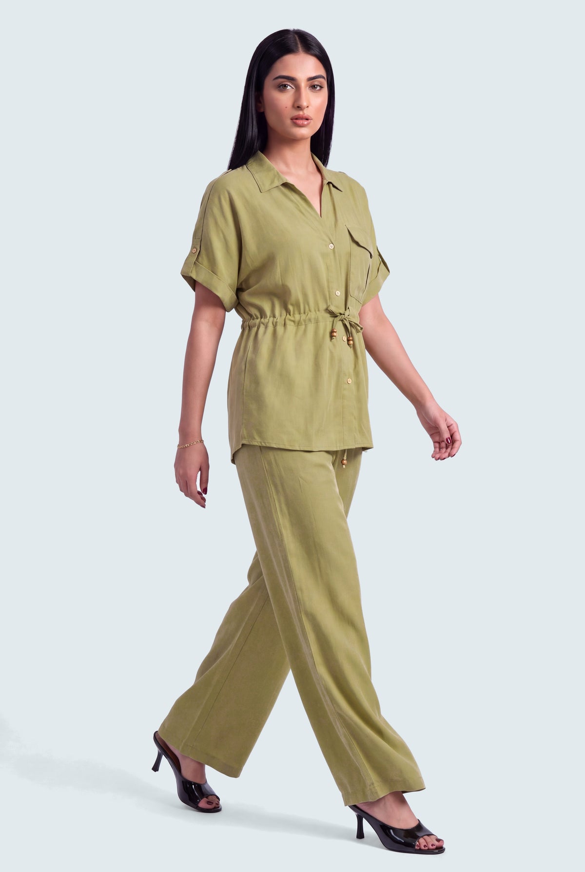 Sage Green Silk Shirt with Batwing Sleeves - Hustle N Holla