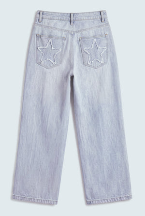 Star Detail Light Blue Mid Rise Wide Leg Jeans - Hustle N Holla