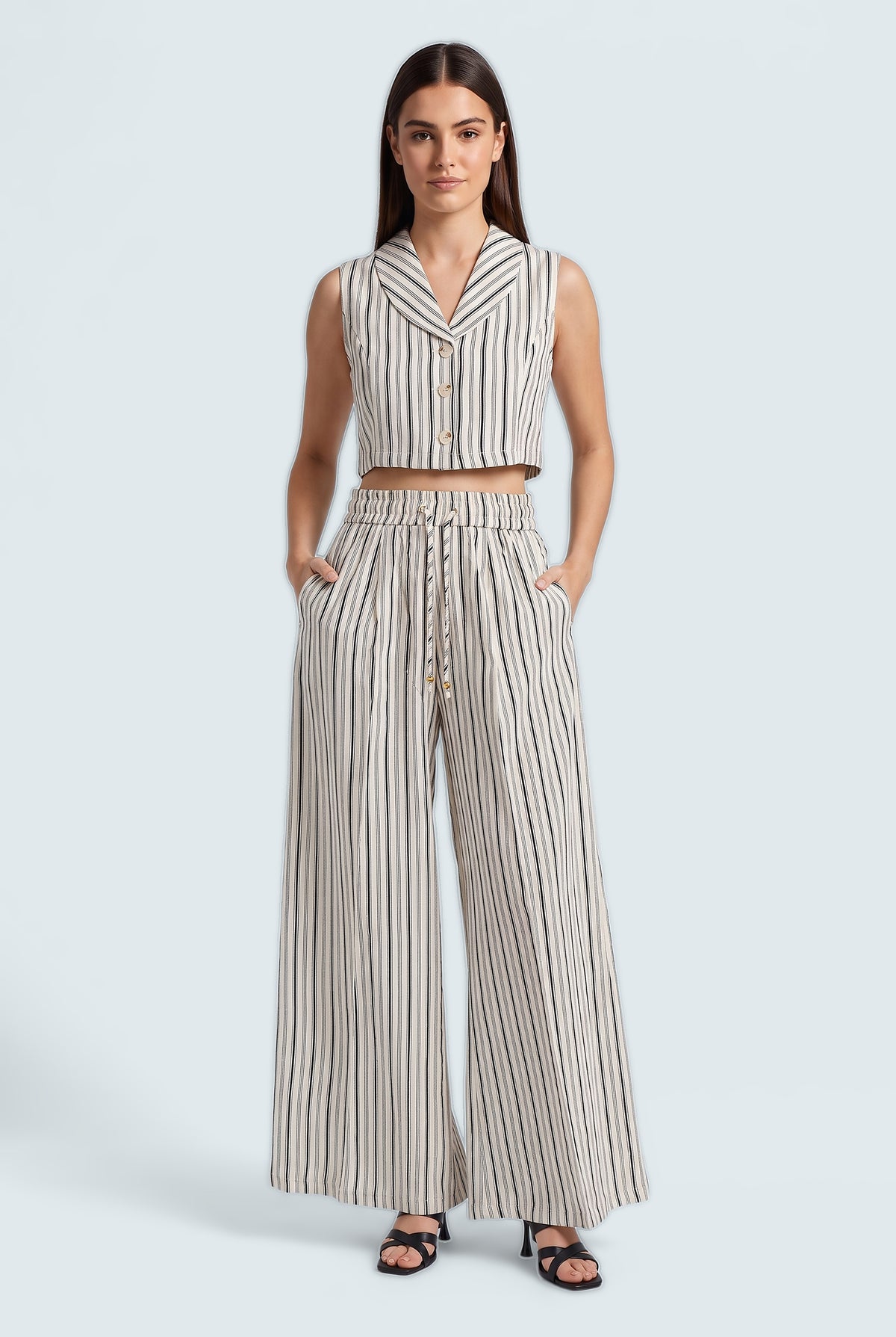 Striped Linen Wide Leg Trousers - Front View - Hustle N Holla