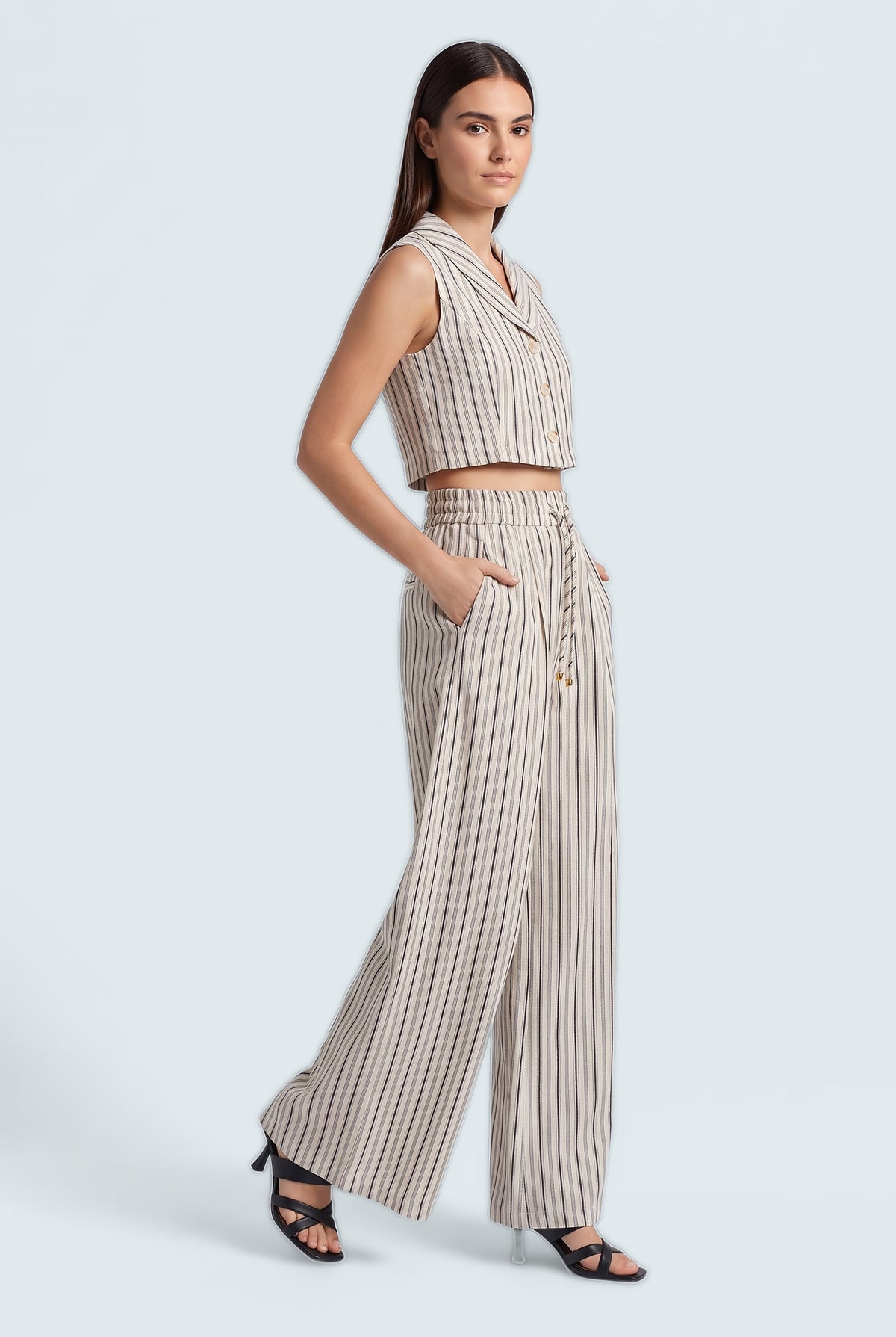 Striped Linen Wide Leg Trousers - Front View - Hustle N Holla
