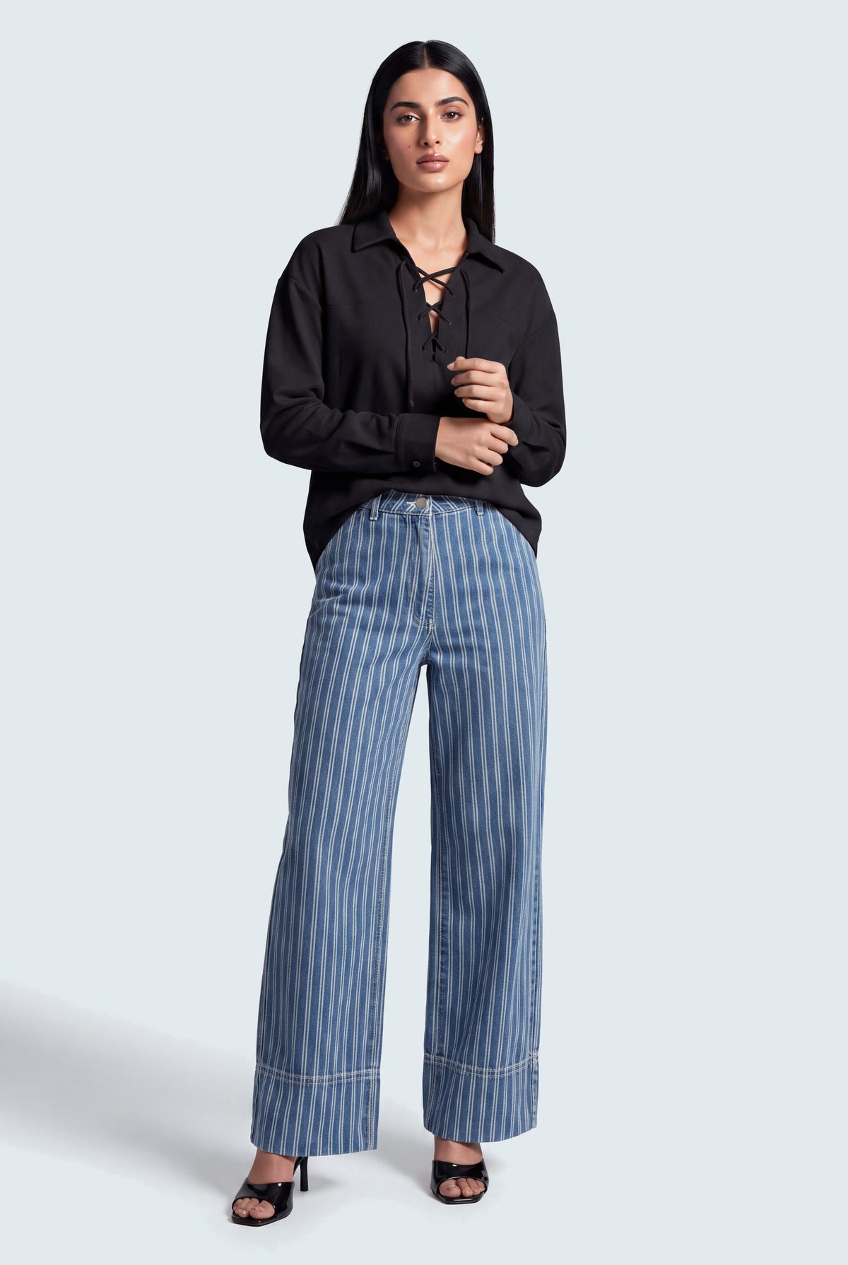 Striped Mid Blue Wide Leg Jeans - Hustle N Holla