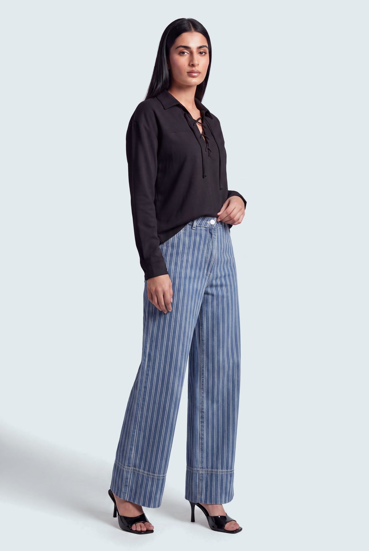 Striped Mid Blue Wide Leg Jeans - Hustle N Holla