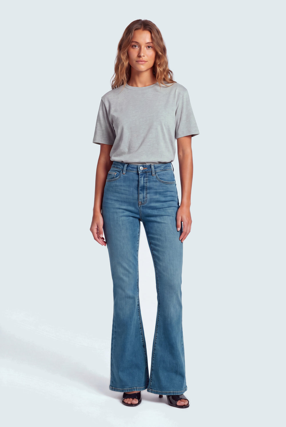 TUMMY SHAPER Mid Blue High Rise Flared Jeans - Hustle N Holla