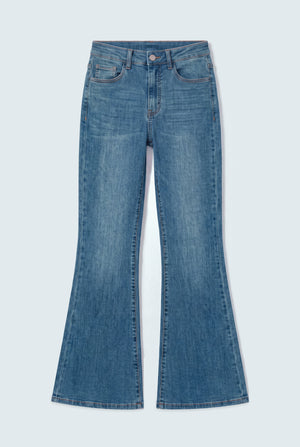 TUMMY SHAPER Mid Blue High Rise Flared Jeans - Hustle N Holla