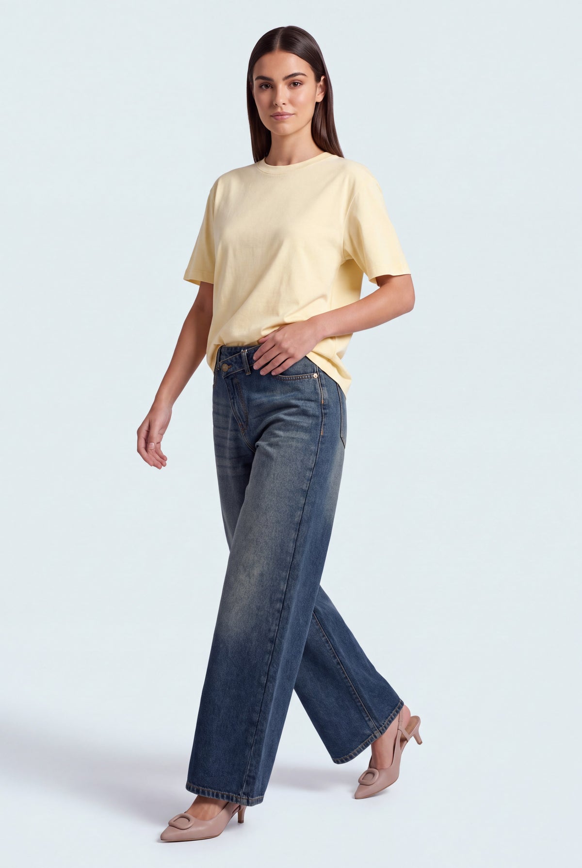 Vintage Wash Asymmetrical Waistband Wide Leg Jeans - Front View - Hustle N Holla