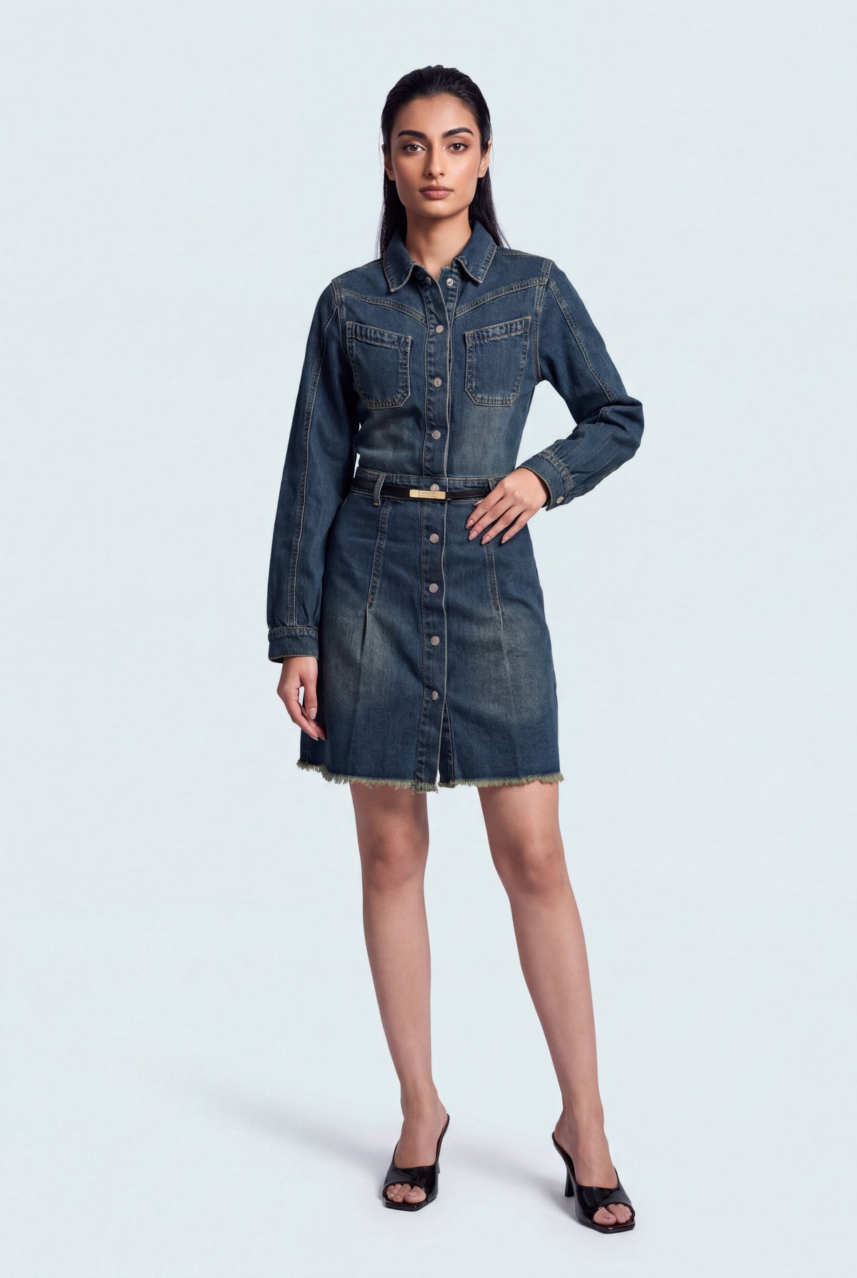 Vintage Wash Mini Denim Dress - Front View - Hustle N Holla