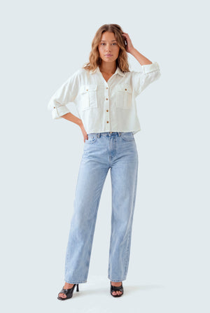 White Cotton Relaxed Fit Crop Button Down Shirt - Hustle N Holla