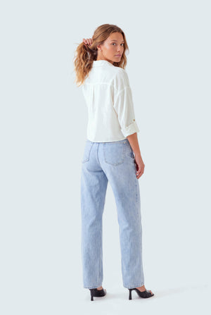 White Cotton Relaxed Fit Crop Button Down Shirt - Hustle N Holla
