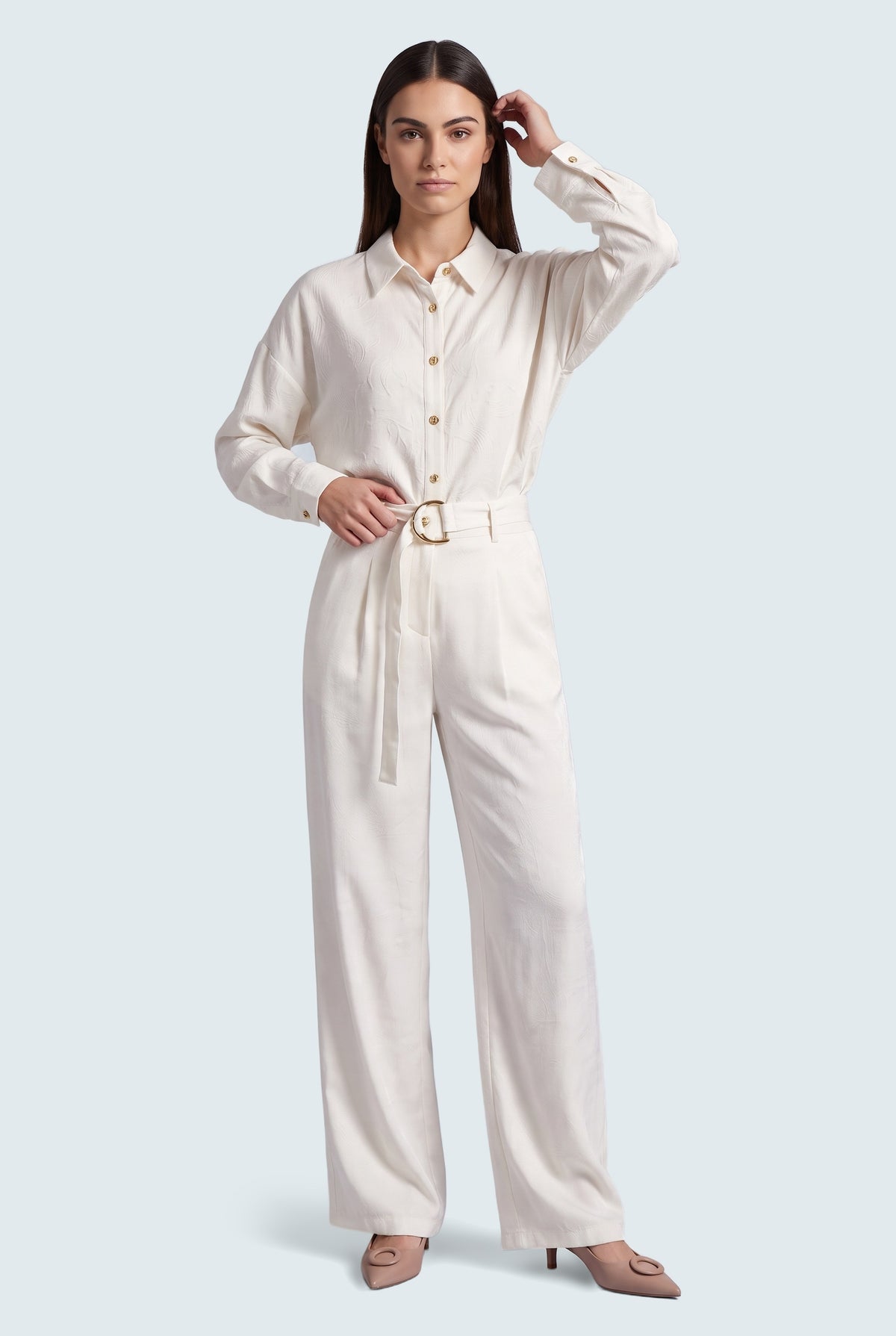 White Pearl Textured Wide Leg Tailored Trousers - Front View - Hustle N Holla