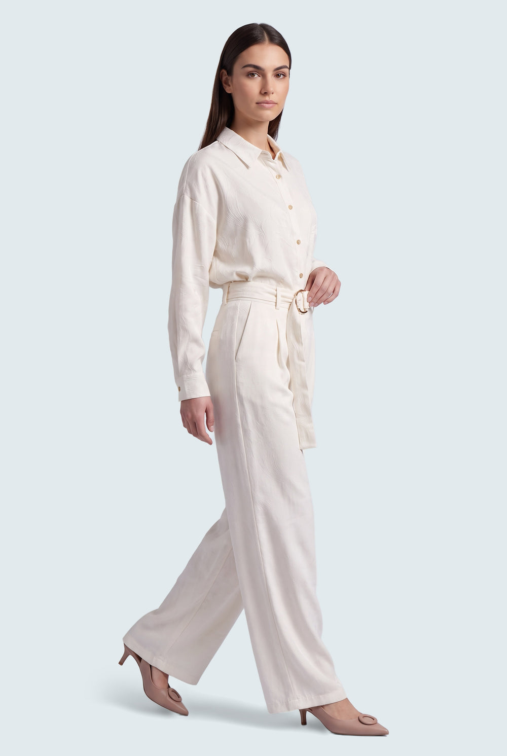 White Pearl Textured Wide Leg Tailored Trousers - Front Side View - Hustle N Holla