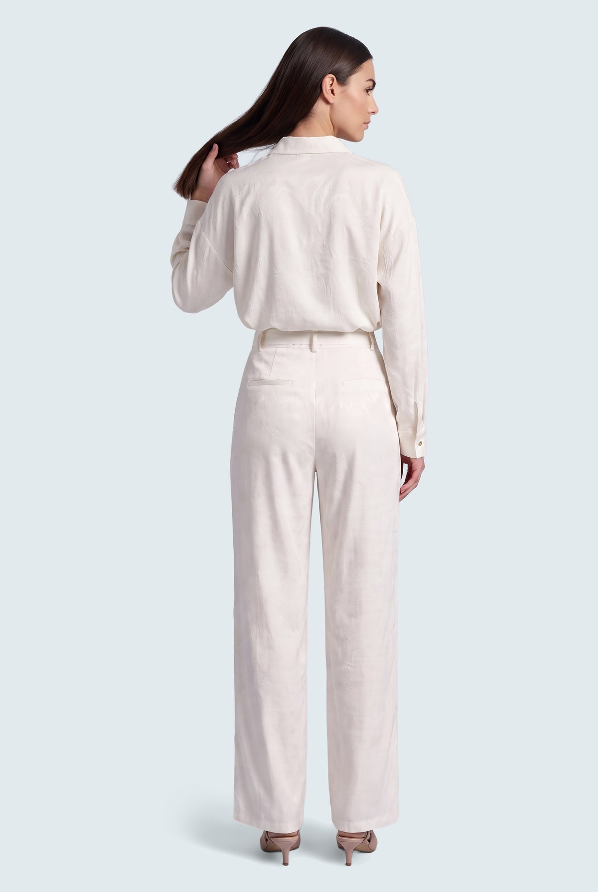 White Pearl Textured Wide Leg Tailored Trousers - Back View - Hustle N Holla