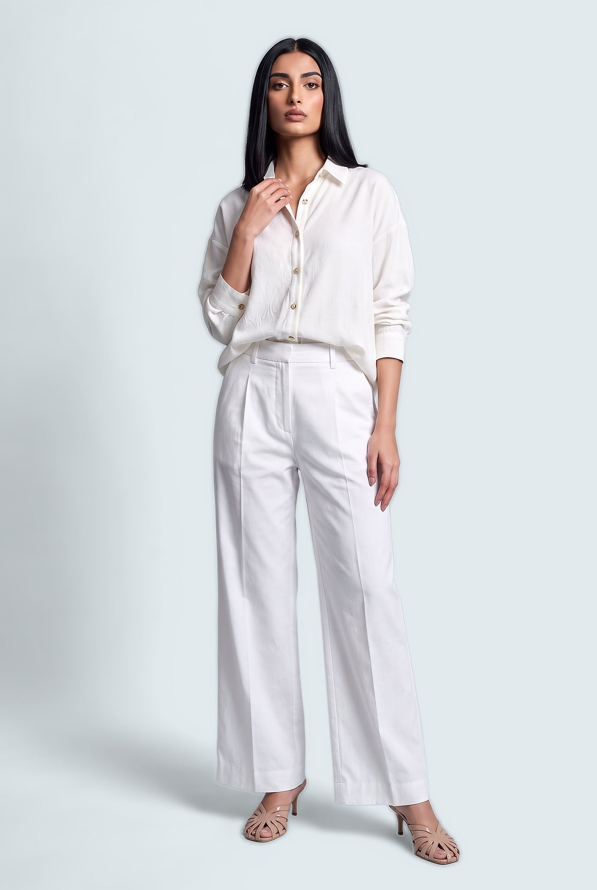 White Wide Leg Trousers - Front View - Hustle N Holla