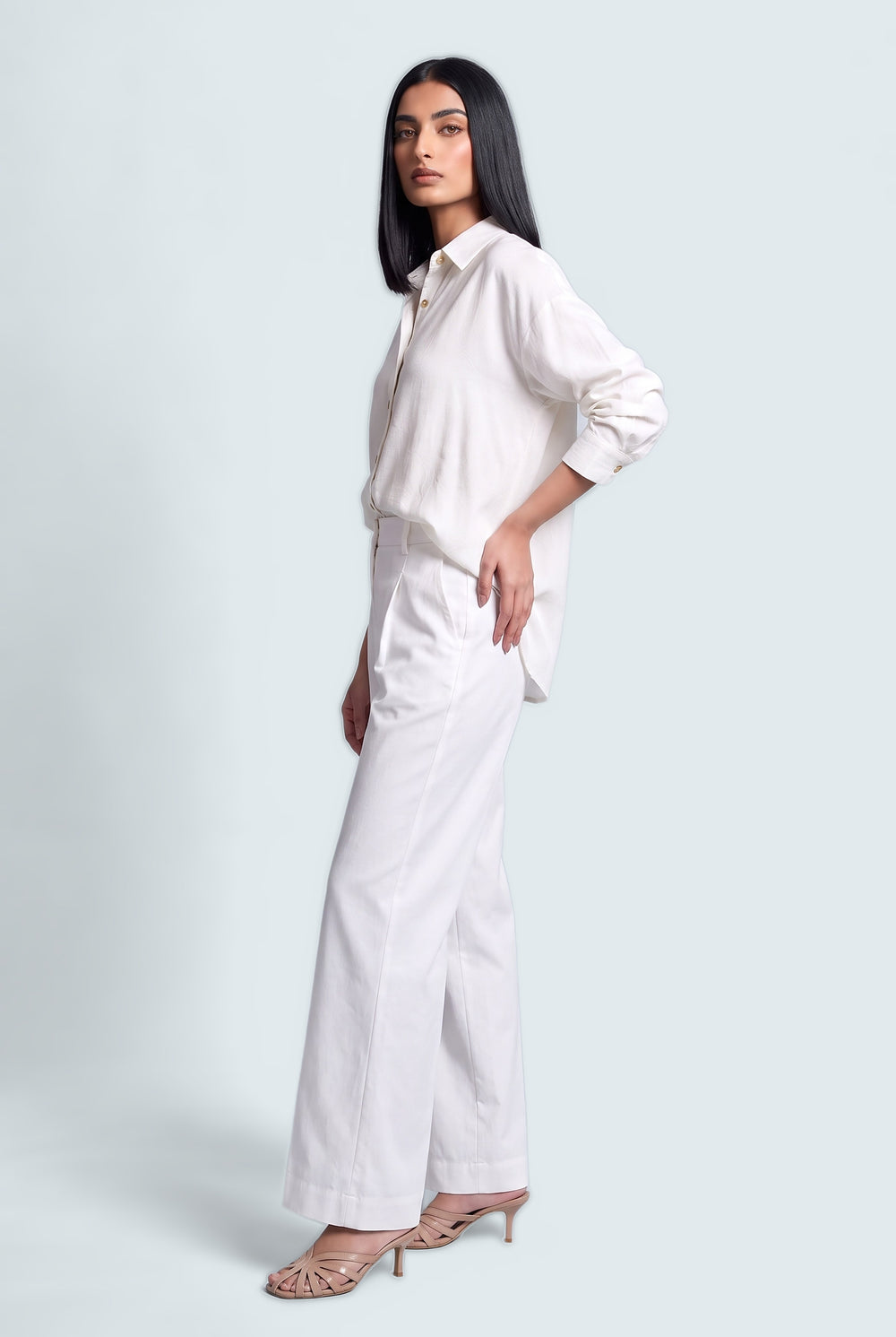 White Wide Leg Trousers - Front Side View - Hustle N Holla
