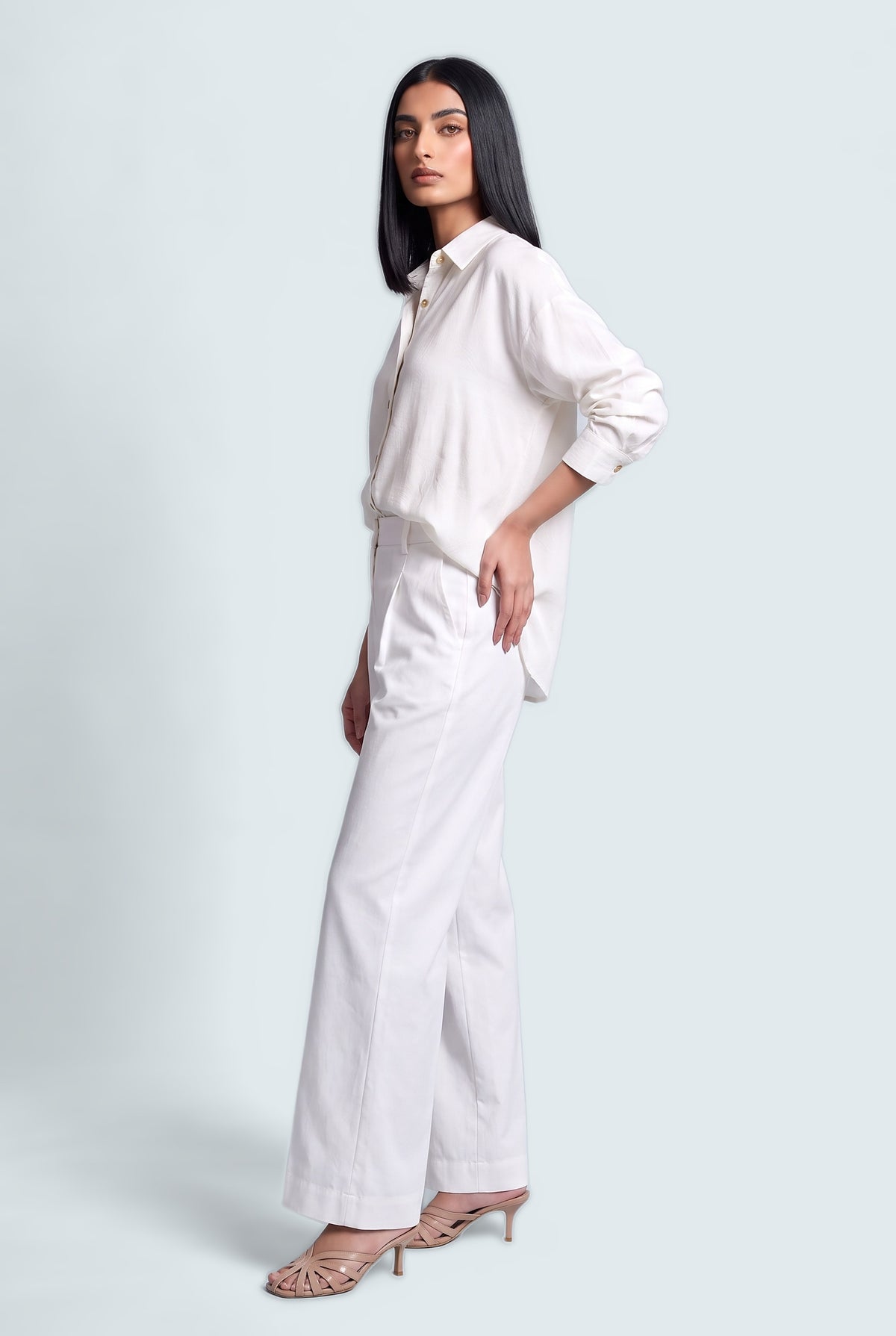 White Wide Leg Trousers - Front View - Hustle N Holla