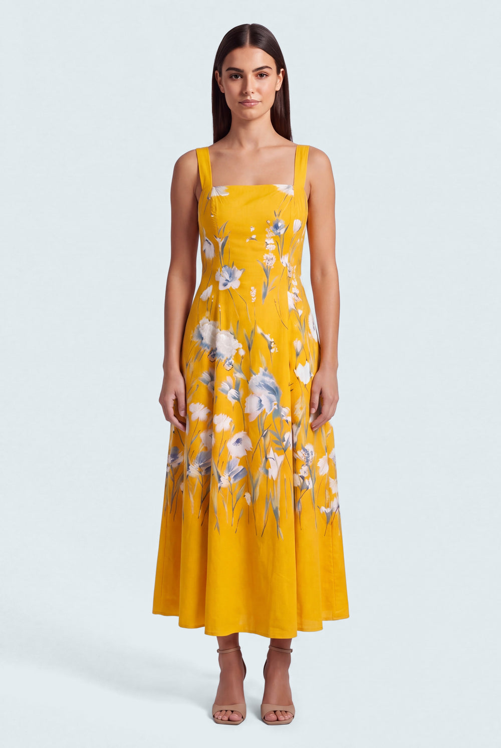 Yellow Floral Printed Square Neck Wide Strap Evening Dress - Hustle N Holla
